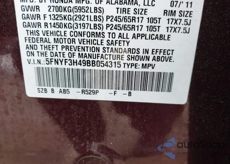 2011 Honda Pilot Ex from USA, damaged, VIN 5FNYF3H49BB054315